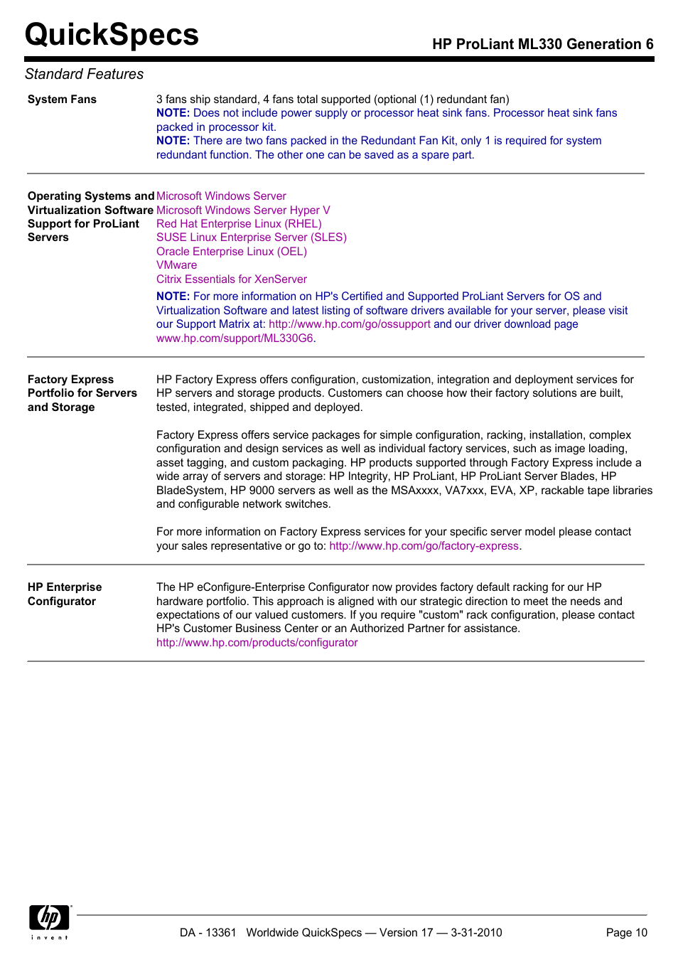 Quickspecs, Hp proliant ml330 generation 6 standard features | HP ProLiant ML330 User Manual | Page 10 / 44