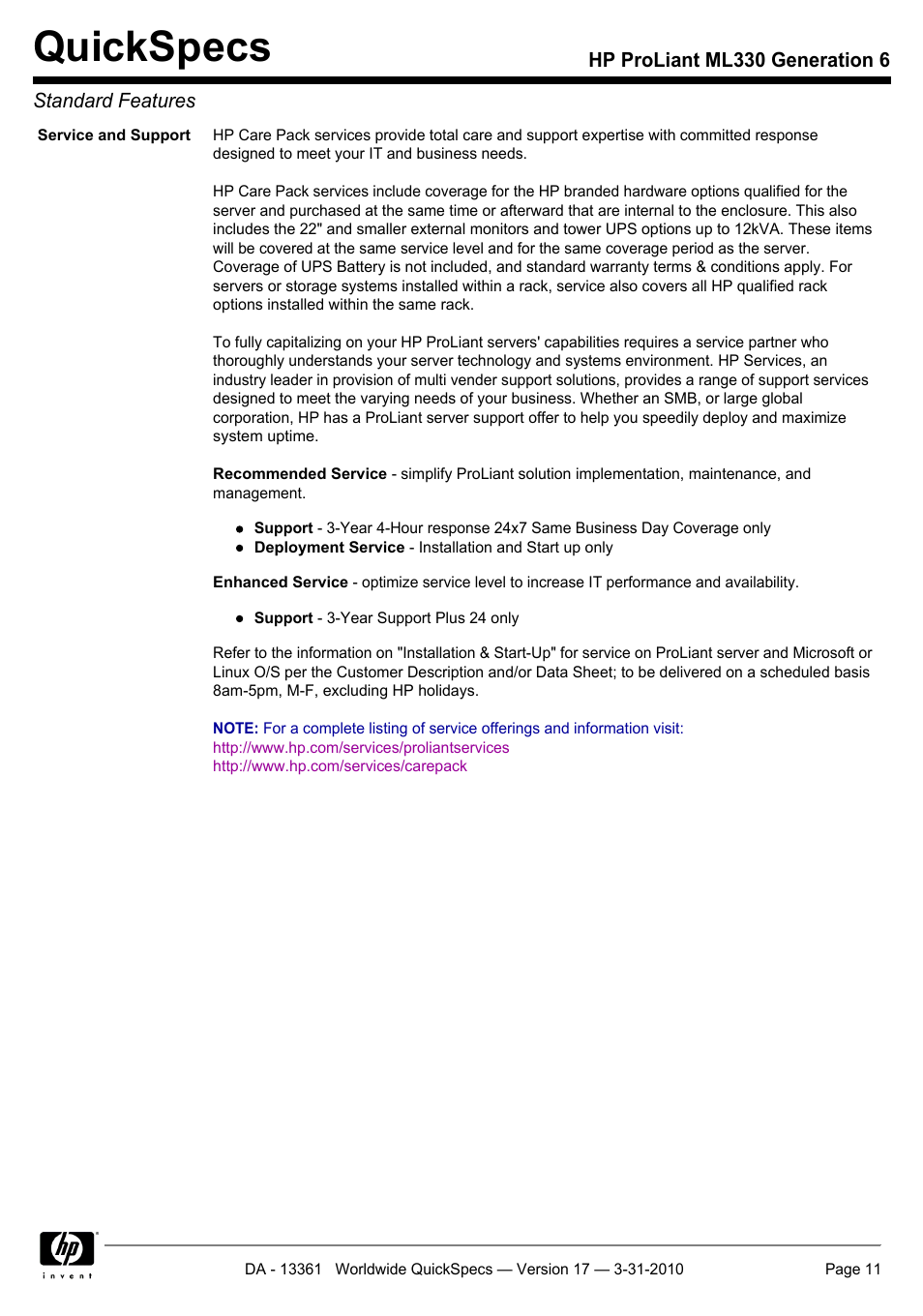 Quickspecs | HP ProLiant ML330 User Manual | Page 11 / 44