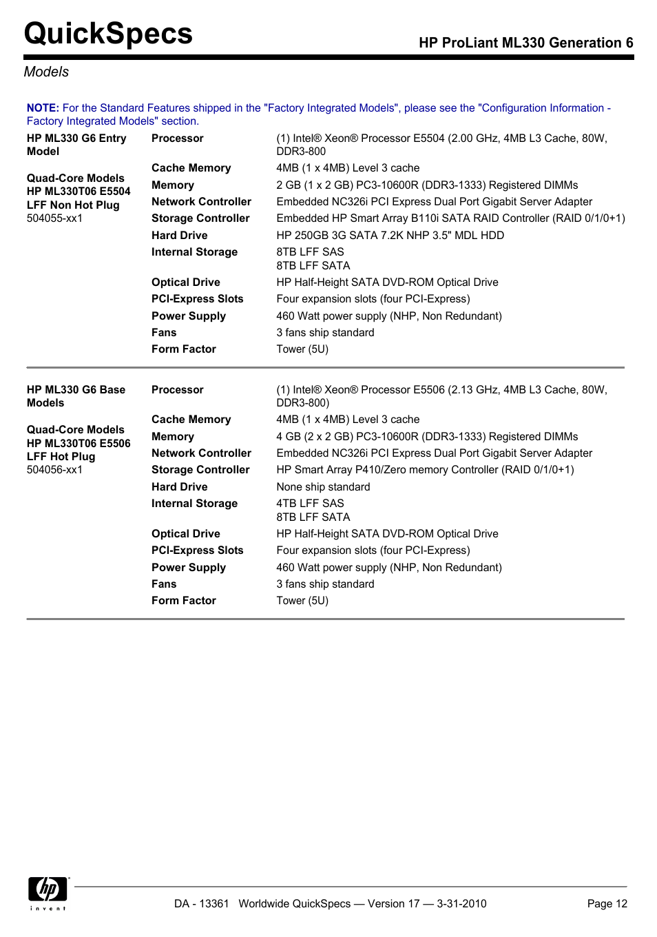 Models, Quickspecs, Hp proliant ml330 generation 6 models | HP ProLiant ML330 User Manual | Page 12 / 44