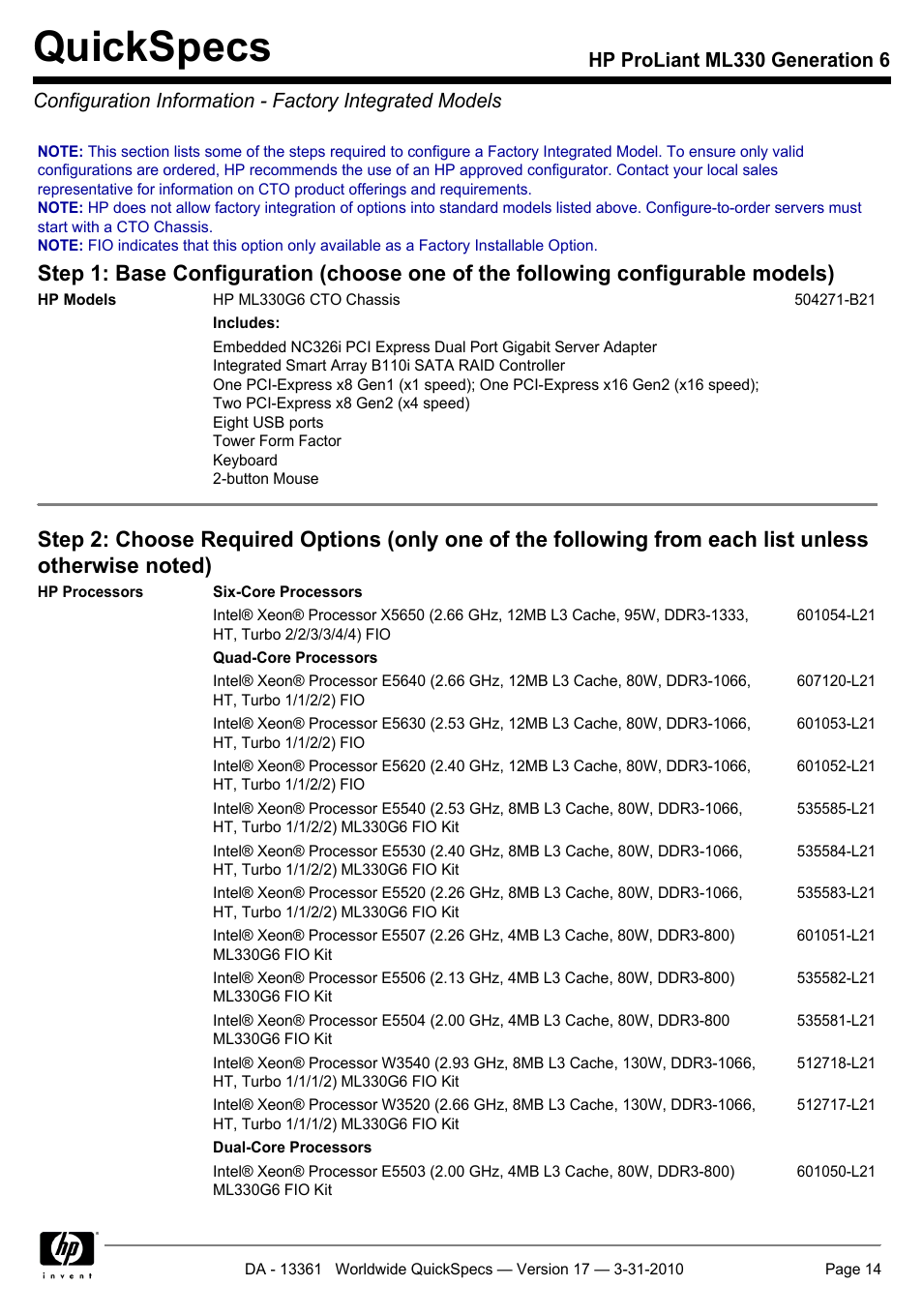 Quickspecs | HP ProLiant ML330 User Manual | Page 14 / 44
