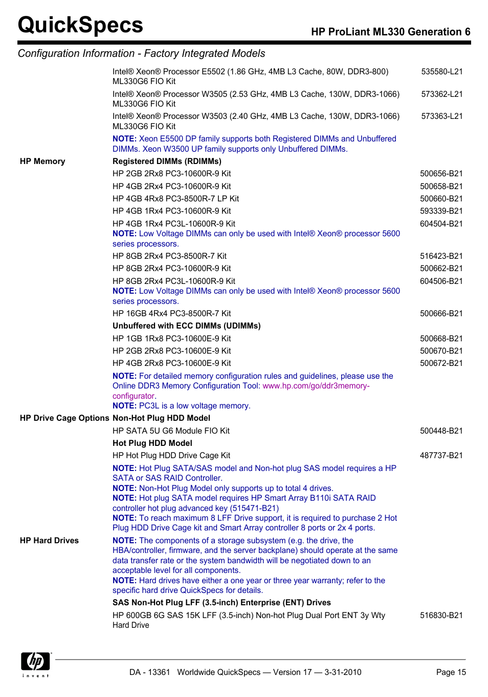 Quickspecs | HP ProLiant ML330 User Manual | Page 15 / 44