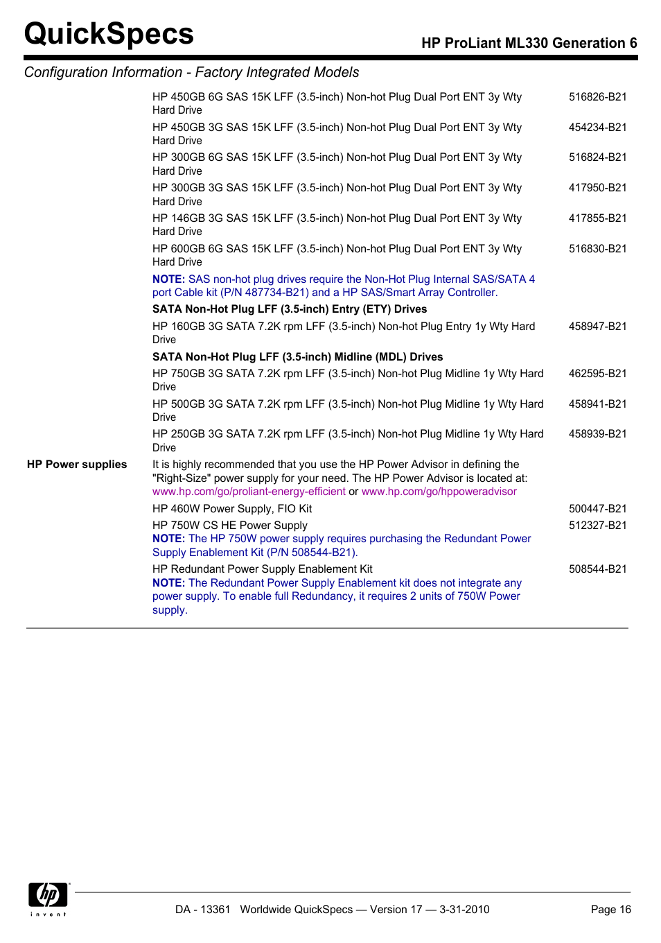 Quickspecs | HP ProLiant ML330 User Manual | Page 16 / 44