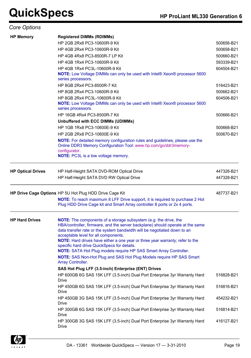 Quickspecs, Hp proliant ml330 generation 6 core options | HP ProLiant ML330 User Manual | Page 19 / 44