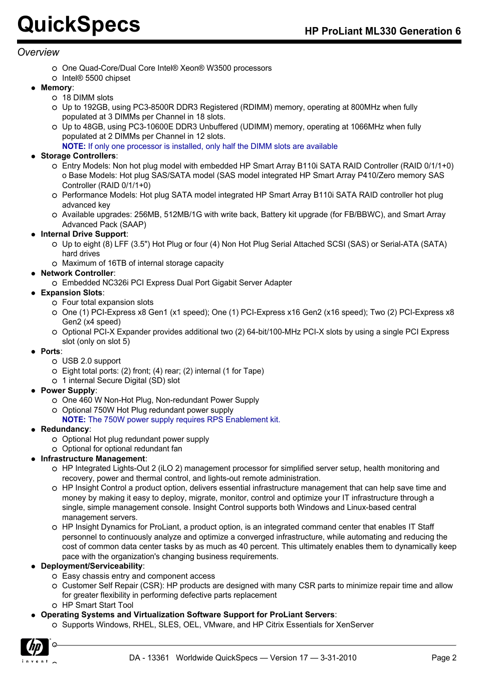 Quickspecs, Hp proliant ml330 generation 6 overview | HP ProLiant ML330 User Manual | Page 2 / 44