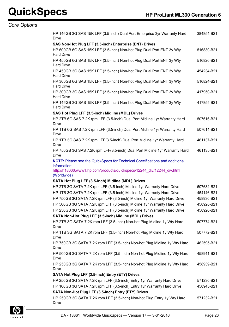 Quickspecs, Hp proliant ml330 generation 6 core options | HP ProLiant ML330 User Manual | Page 20 / 44