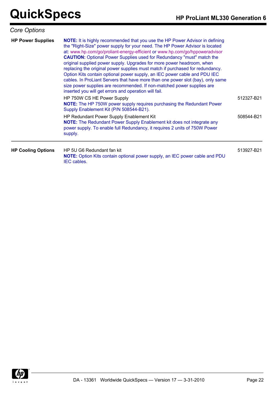 Quickspecs | HP ProLiant ML330 User Manual | Page 22 / 44