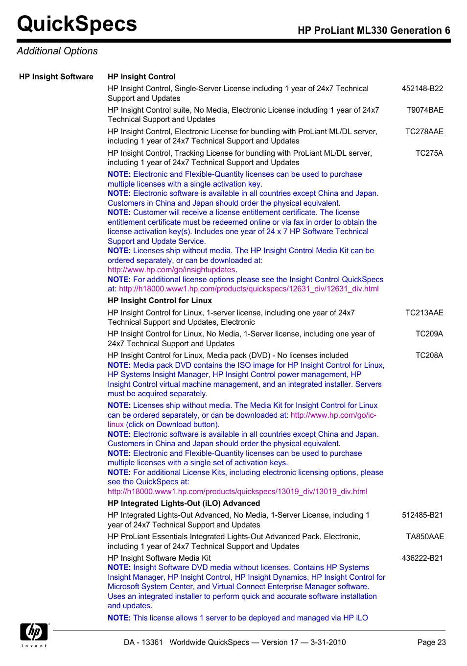 Additional options, Quickspecs, Hp proliant ml330 generation 6 additional options | HP ProLiant ML330 User Manual | Page 23 / 44