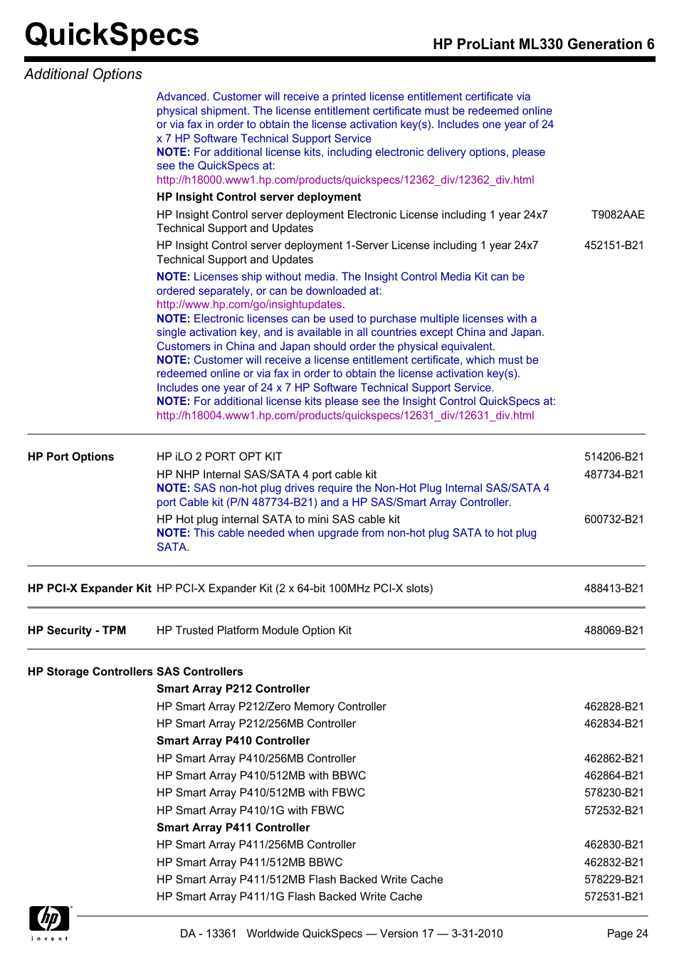 Quickspecs, Hp proliant ml330 generation 6 additional options | HP ProLiant ML330 User Manual | Page 24 / 44