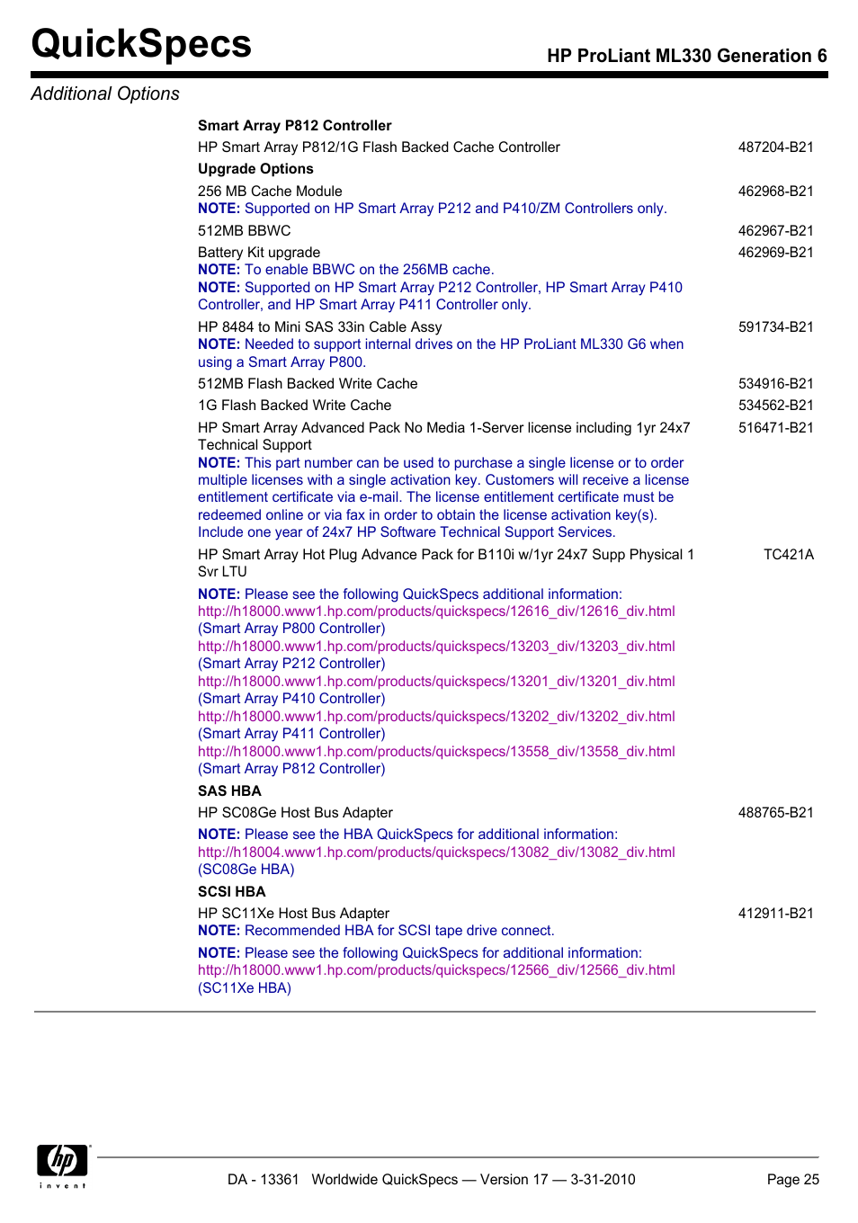 Quickspecs, Hp proliant ml330 generation 6 additional options | HP ProLiant ML330 User Manual | Page 25 / 44