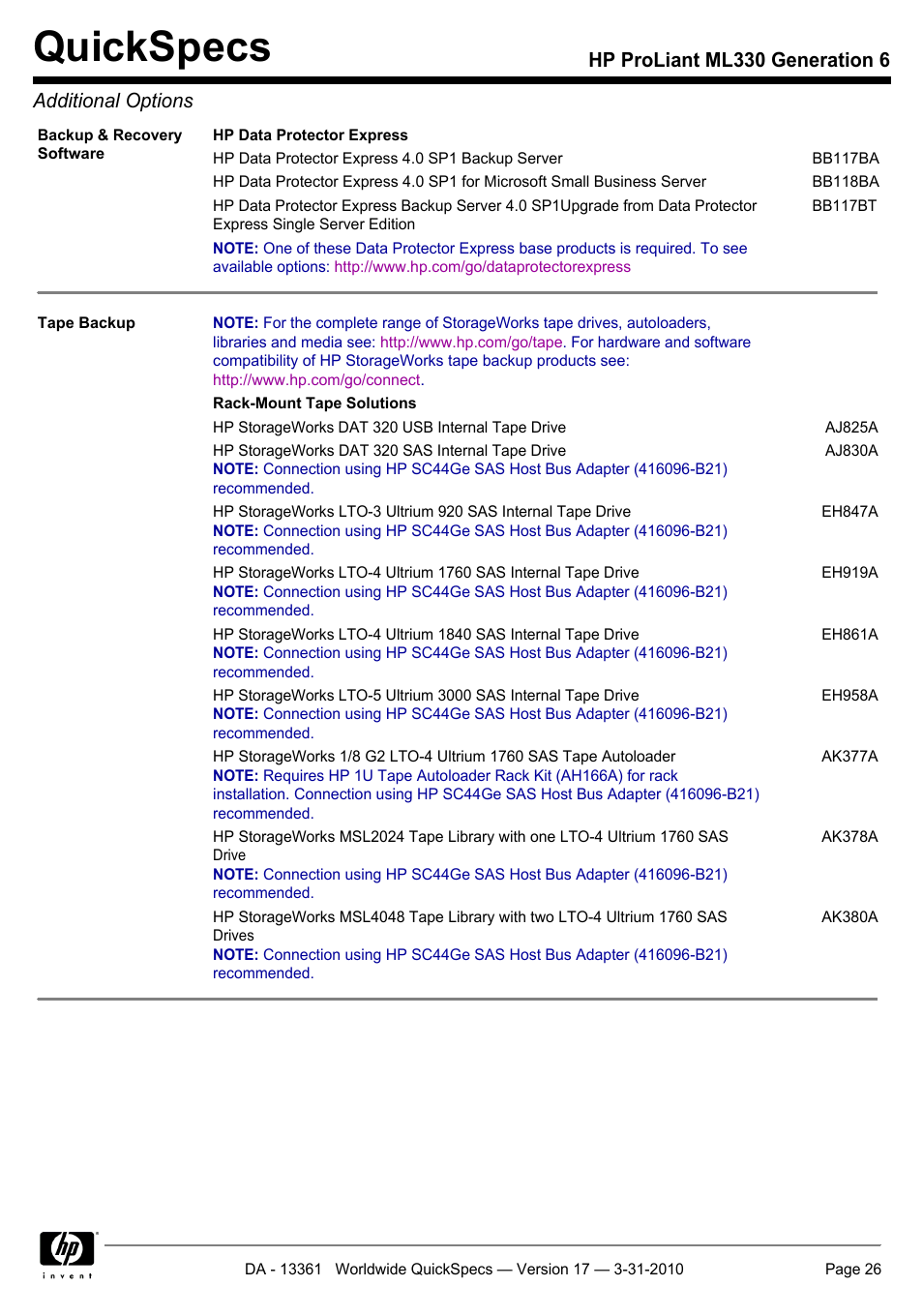 Quickspecs, Hp proliant ml330 generation 6 additional options | HP ProLiant ML330 User Manual | Page 26 / 44