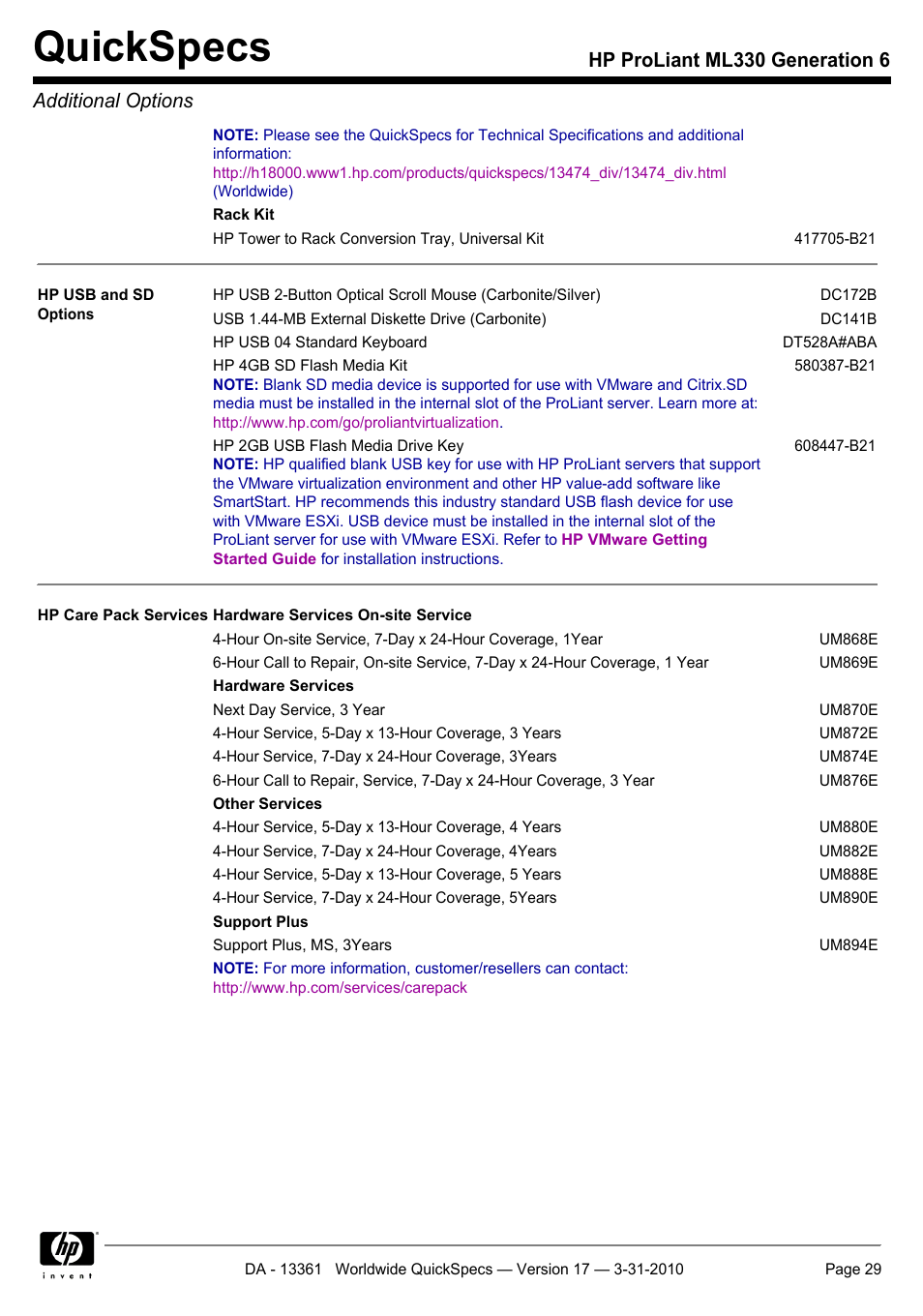 Quickspecs, Hp proliant ml330 generation 6 additional options | HP ProLiant ML330 User Manual | Page 29 / 44