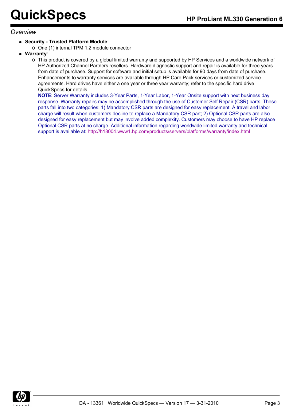 Quickspecs | HP ProLiant ML330 User Manual | Page 3 / 44