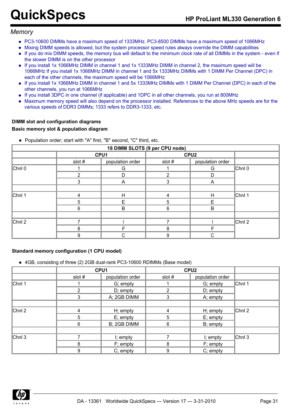 Quickspecs | HP ProLiant ML330 User Manual | Page 31 / 44