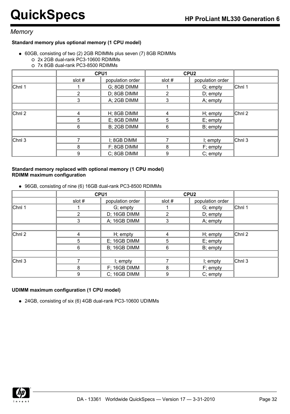 Quickspecs | HP ProLiant ML330 User Manual | Page 32 / 44