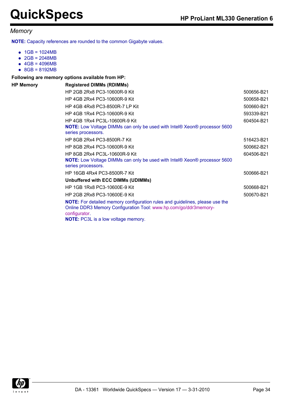 Quickspecs | HP ProLiant ML330 User Manual | Page 34 / 44
