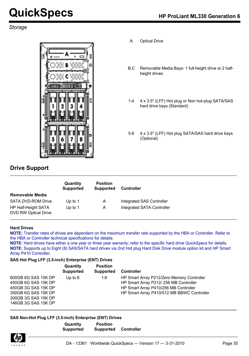 Storage, Quickspecs, Drive support | Hp proliant ml330 generation 6 storage | HP ProLiant ML330 User Manual | Page 35 / 44