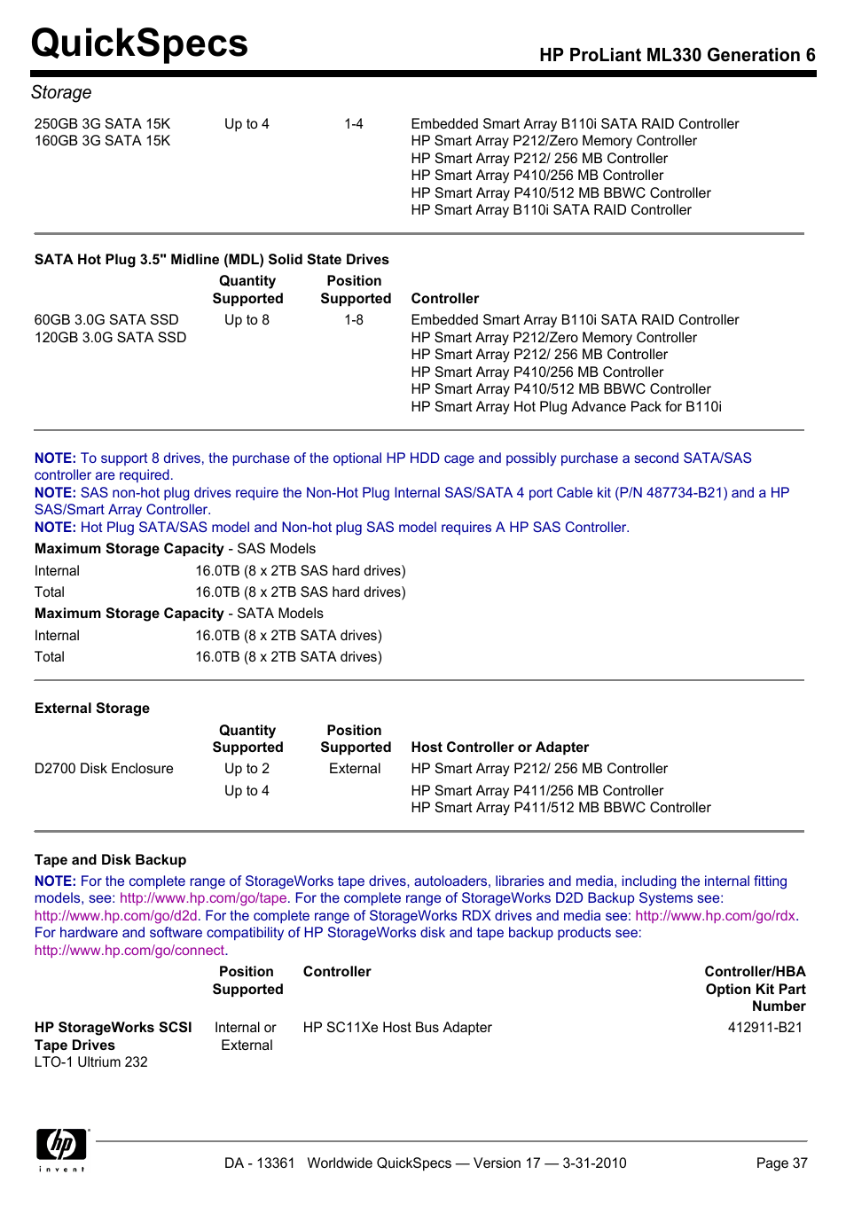 Quickspecs, Hp proliant ml330 generation 6 storage | HP ProLiant ML330 User Manual | Page 37 / 44