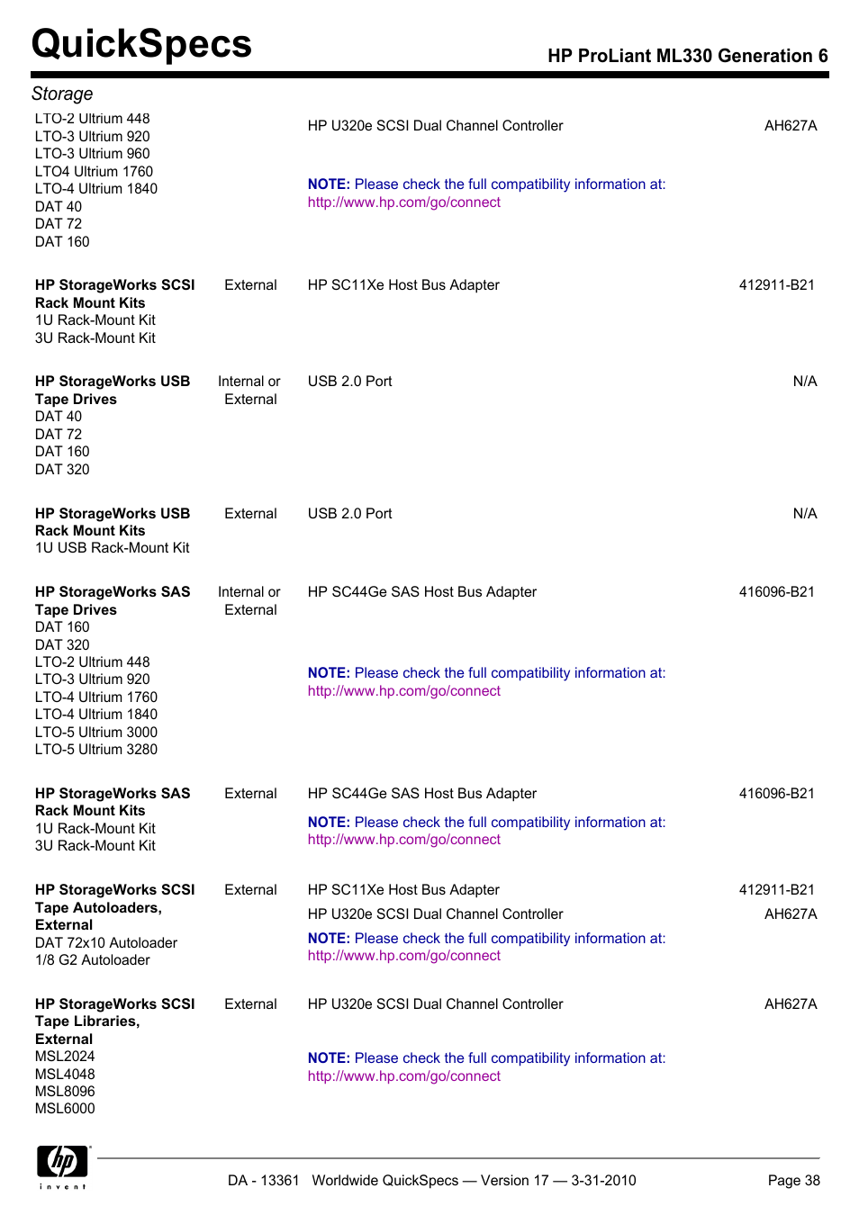 Quickspecs, Hp proliant ml330 generation 6 storage | HP ProLiant ML330 User Manual | Page 38 / 44