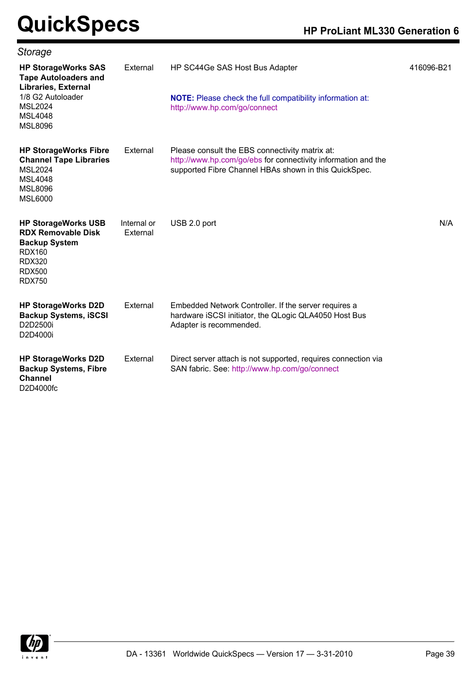Quickspecs, Hp proliant ml330 generation 6 storage | HP ProLiant ML330 User Manual | Page 39 / 44