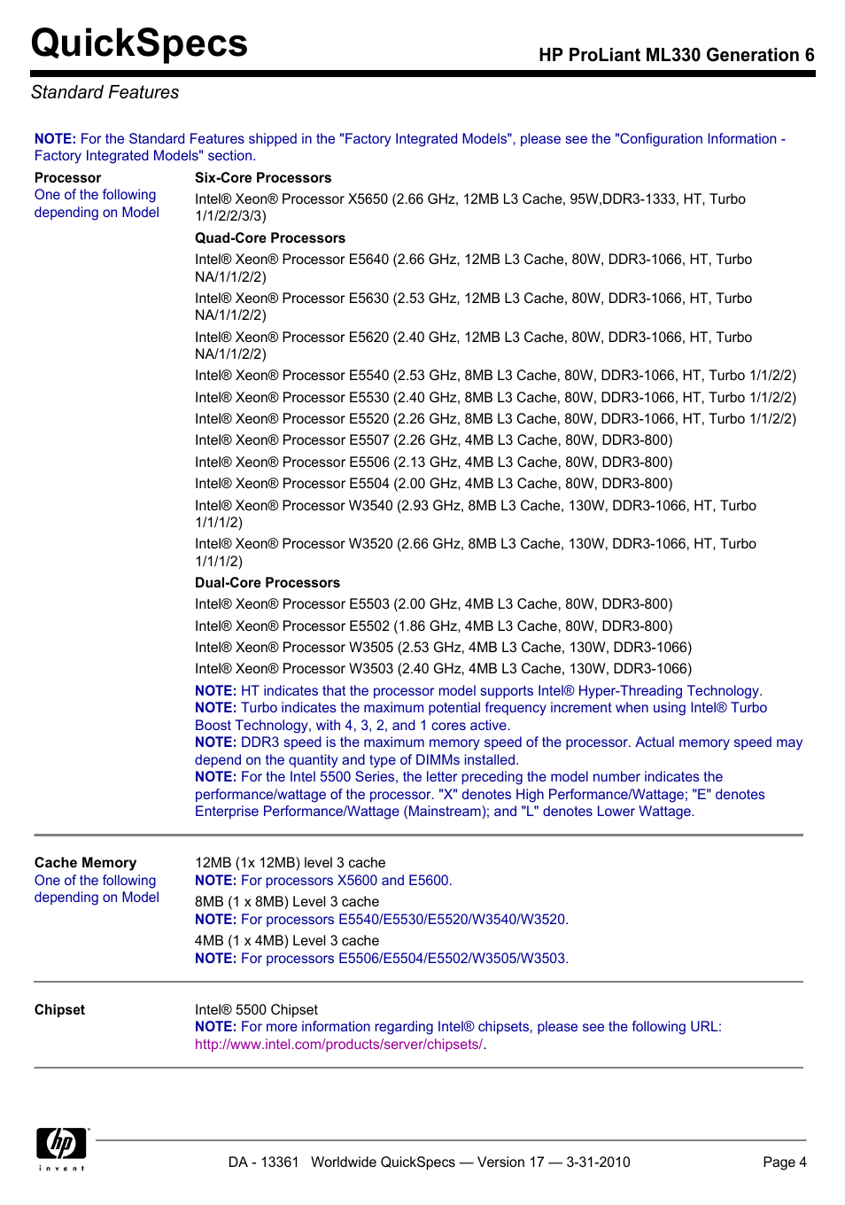 Standard features, Quickspecs, Hp proliant ml330 generation 6 standard features | HP ProLiant ML330 User Manual | Page 4 / 44