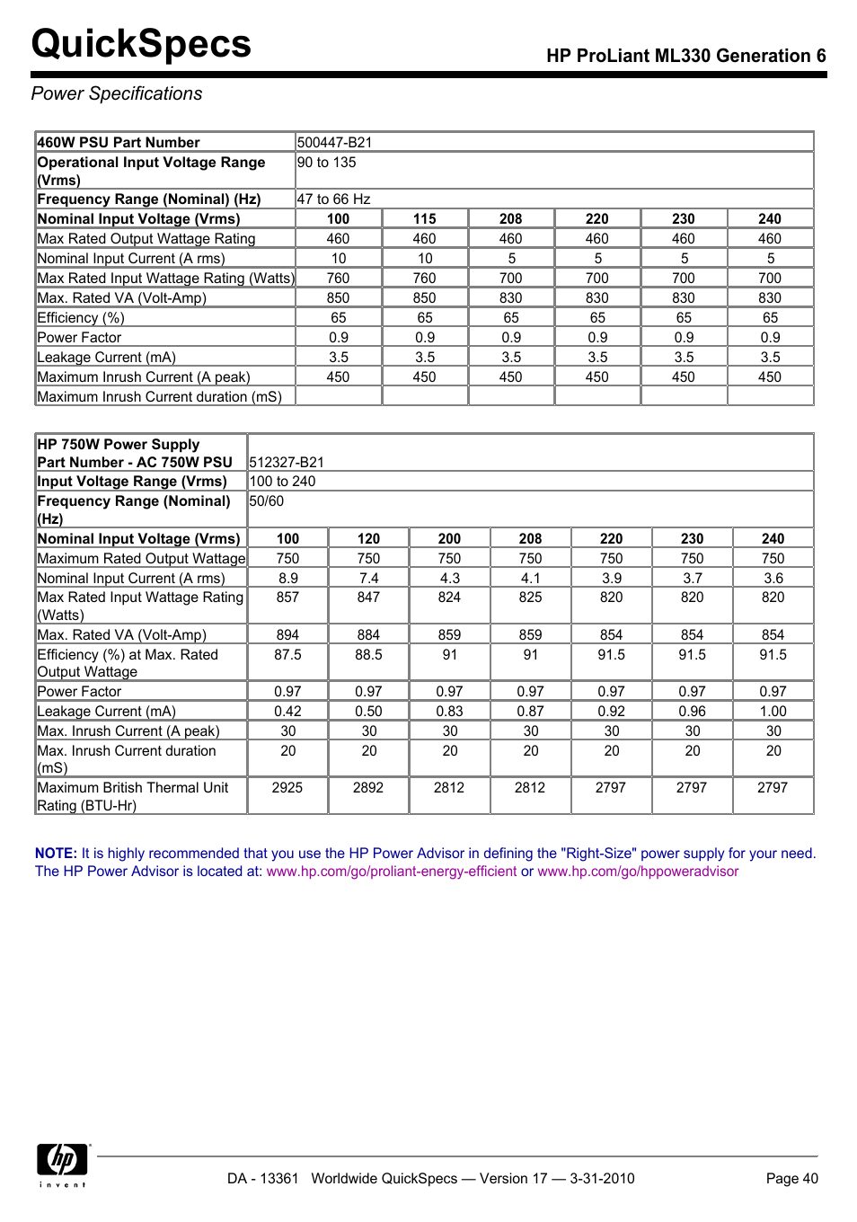 Power specifications, Quickspecs | HP ProLiant ML330 User Manual | Page 40 / 44