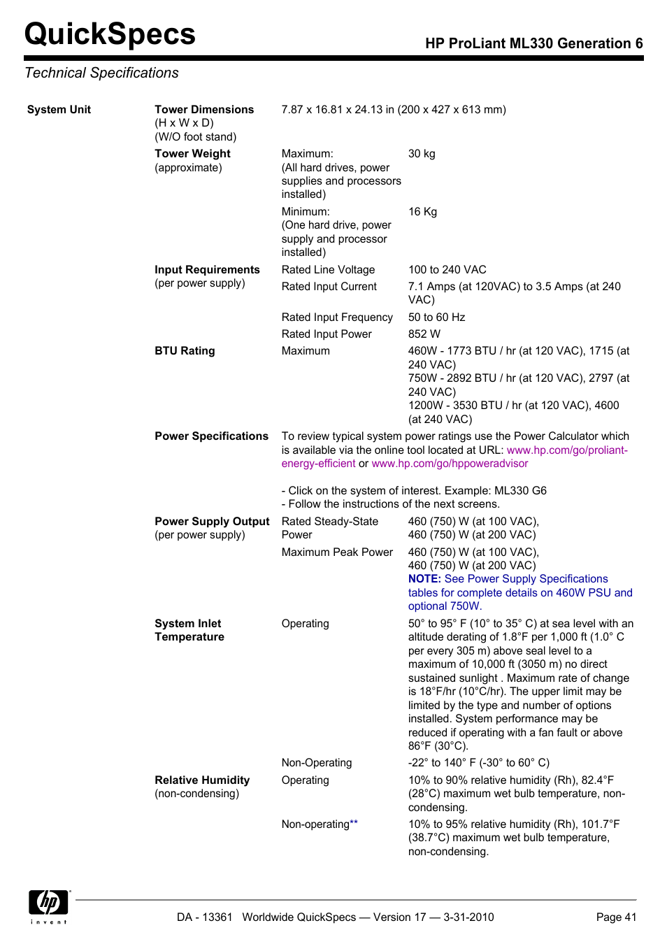 Technical specifications, Quickspecs | HP ProLiant ML330 User Manual | Page 41 / 44