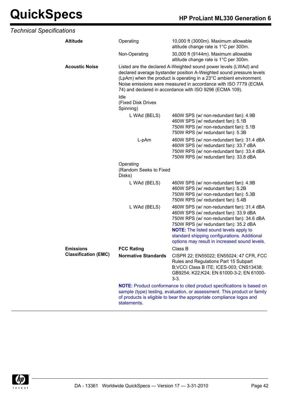 Quickspecs | HP ProLiant ML330 User Manual | Page 42 / 44