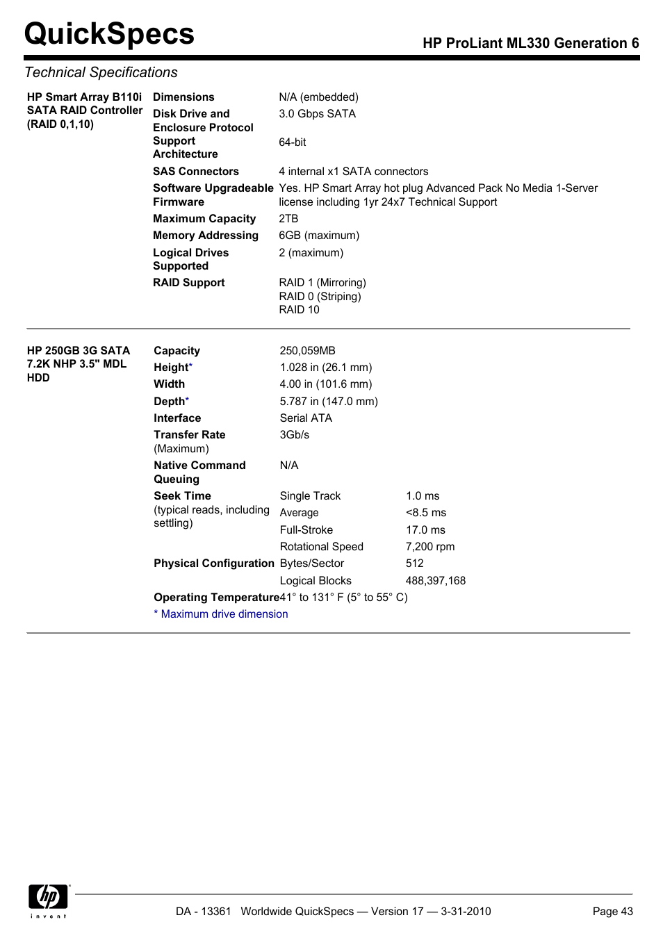 Quickspecs | HP ProLiant ML330 User Manual | Page 43 / 44