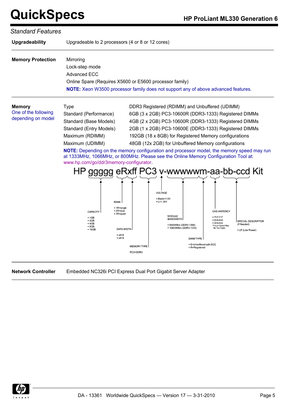 Quickspecs, Hp proliant ml330 generation 6 standard features | HP ProLiant ML330 User Manual | Page 5 / 44