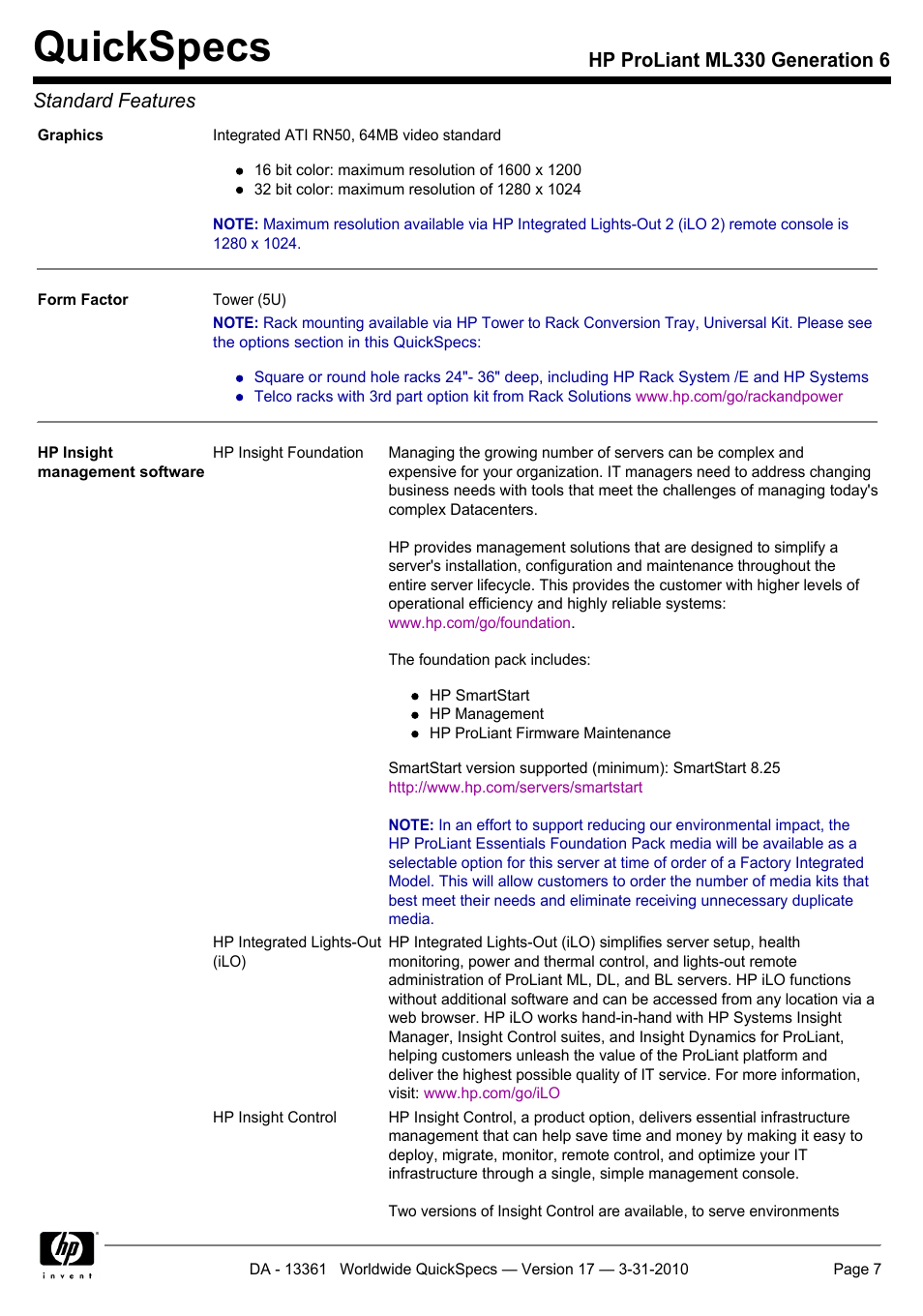 Quickspecs, Hp proliant ml330 generation 6 standard features | HP ProLiant ML330 User Manual | Page 7 / 44