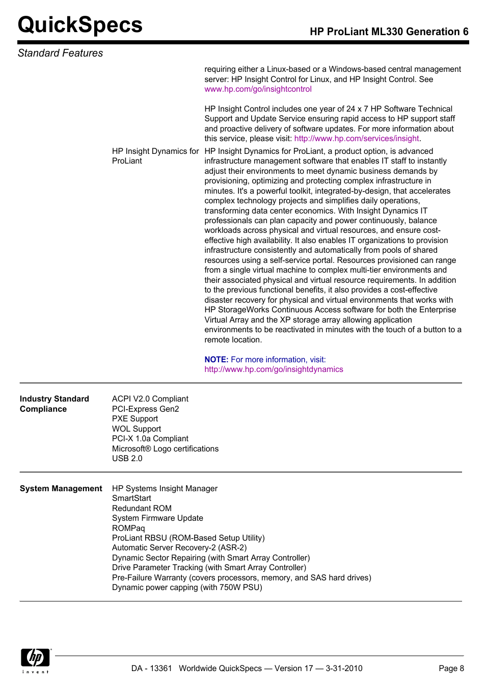 Quickspecs | HP ProLiant ML330 User Manual | Page 8 / 44