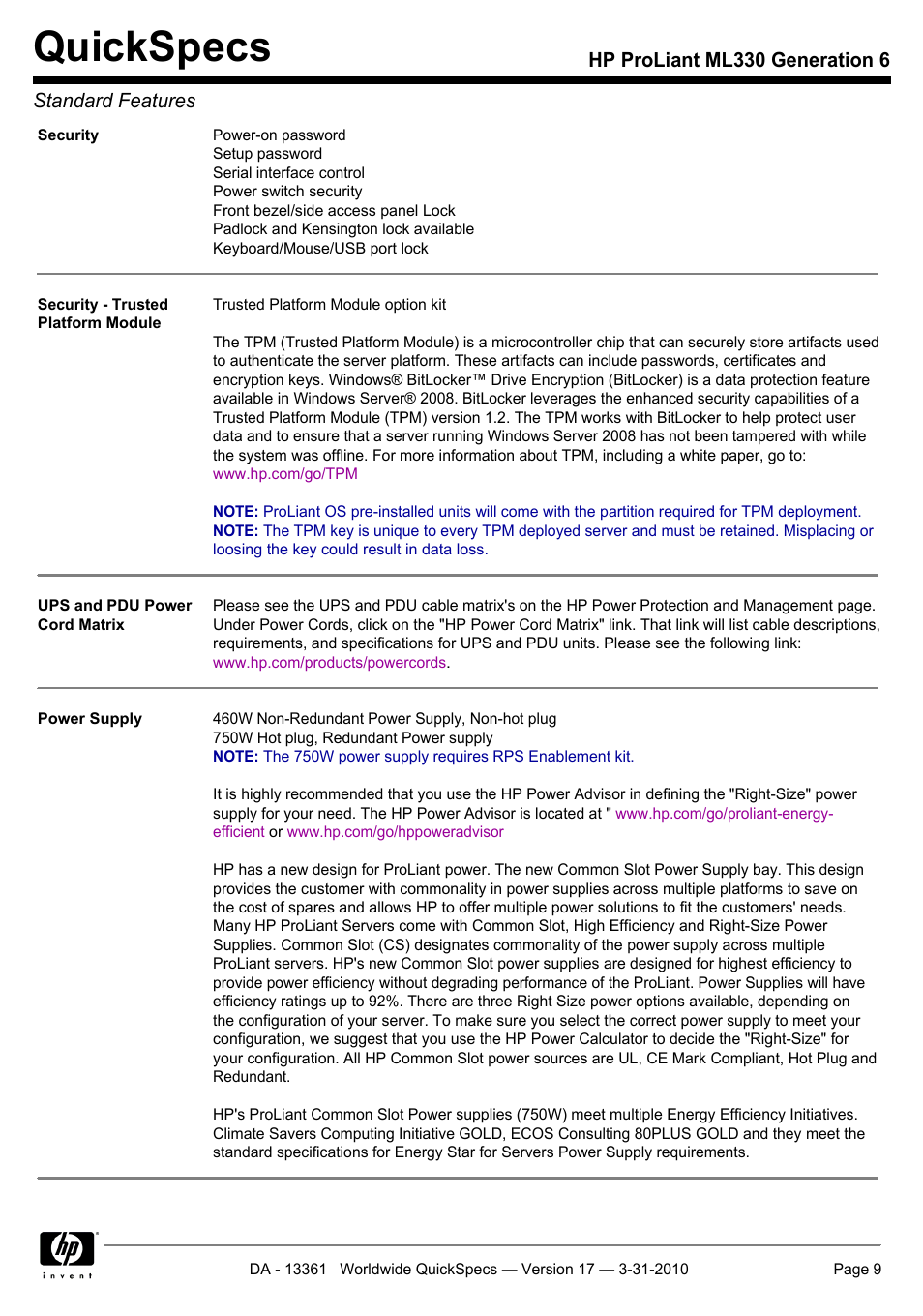 Quickspecs, Hp proliant ml330 generation 6 standard features | HP ProLiant ML330 User Manual | Page 9 / 44