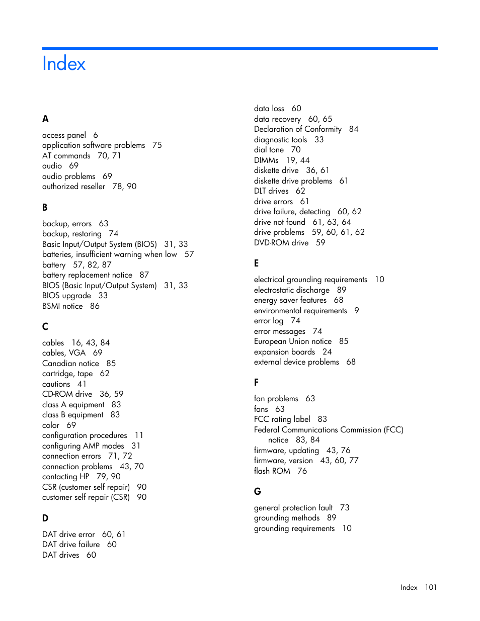 Index | HP ProLiant Series ML100 User Manual | Page 101 / 103