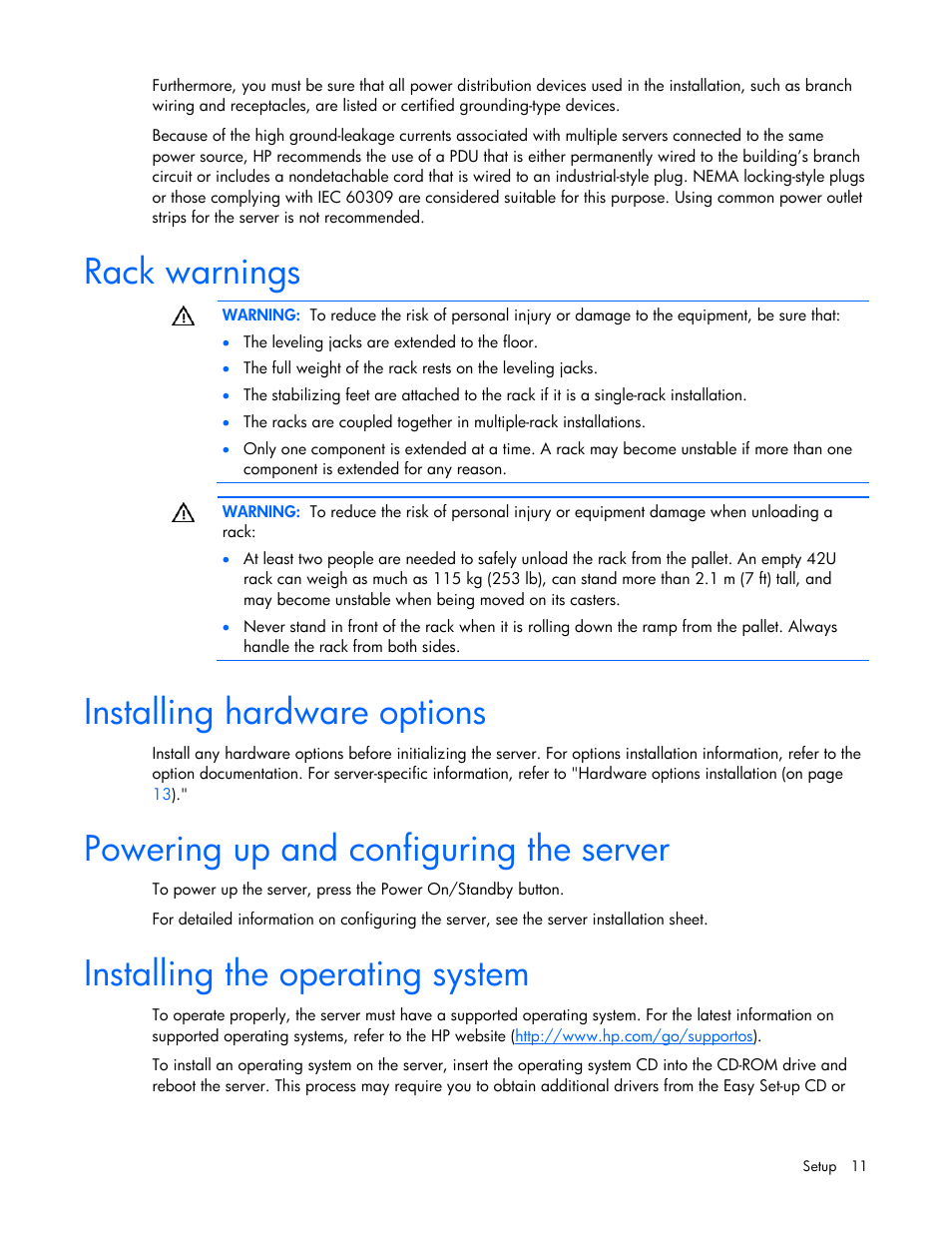 Rack warnings, Installing hardware options, Powering up and configuring the server | Installing the operating system, Registering the server, Rack war, Nings, Insta, Lling hardware options, Ering up and configuring the server | HP ProLiant Series ML100 User Manual | Page 11 / 103