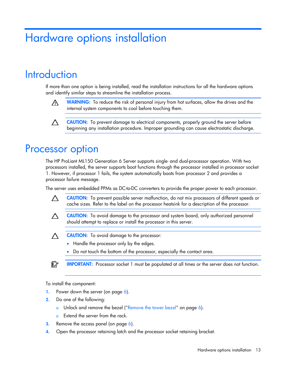 Hardware options installation, Introduction, Processor option | HP ProLiant Series ML100 User Manual | Page 13 / 103