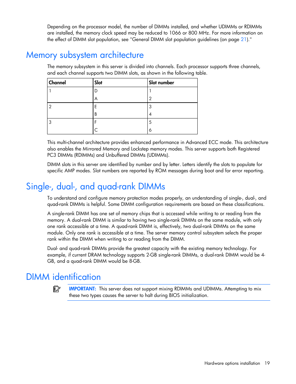 Memory subsystem architecture, Single-, dual-, and quad-rank dimms, Dimm identification | Memory configurations, Dimm id, Entification | HP ProLiant Series ML100 User Manual | Page 19 / 103