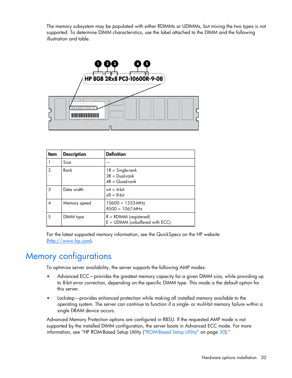 Memory configurations, General dimm slot population guidelines, Ry configurations | HP ProLiant Series ML100 User Manual | Page 20 / 103