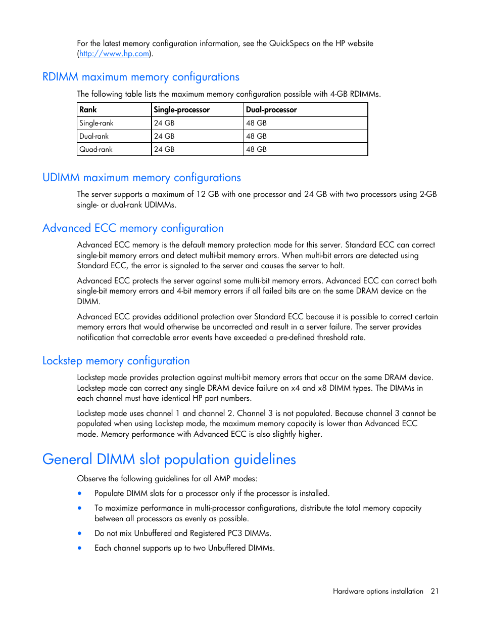 Rdimm maximum memory configurations, Udimm maximum memory configurations, Advanced ecc memory configuration | Lockstep memory configuration, General dimm slot population guidelines | HP ProLiant Series ML100 User Manual | Page 21 / 103