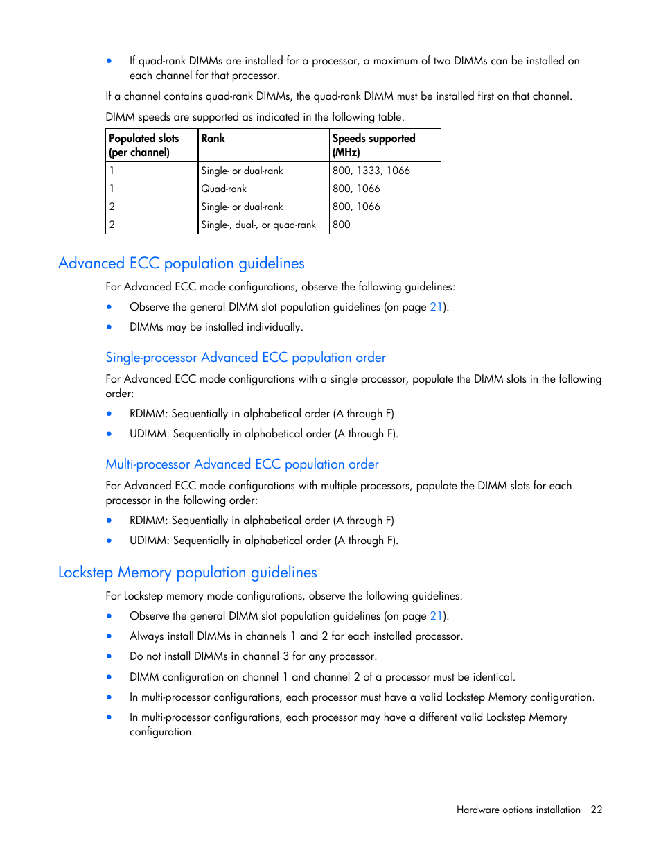 Advanced ecc population guidelines, Lockstep memory population guidelines, Installing dimms | Advanc, Lation guidelines, Ed ecc population guidelines | HP ProLiant Series ML100 User Manual | Page 22 / 103