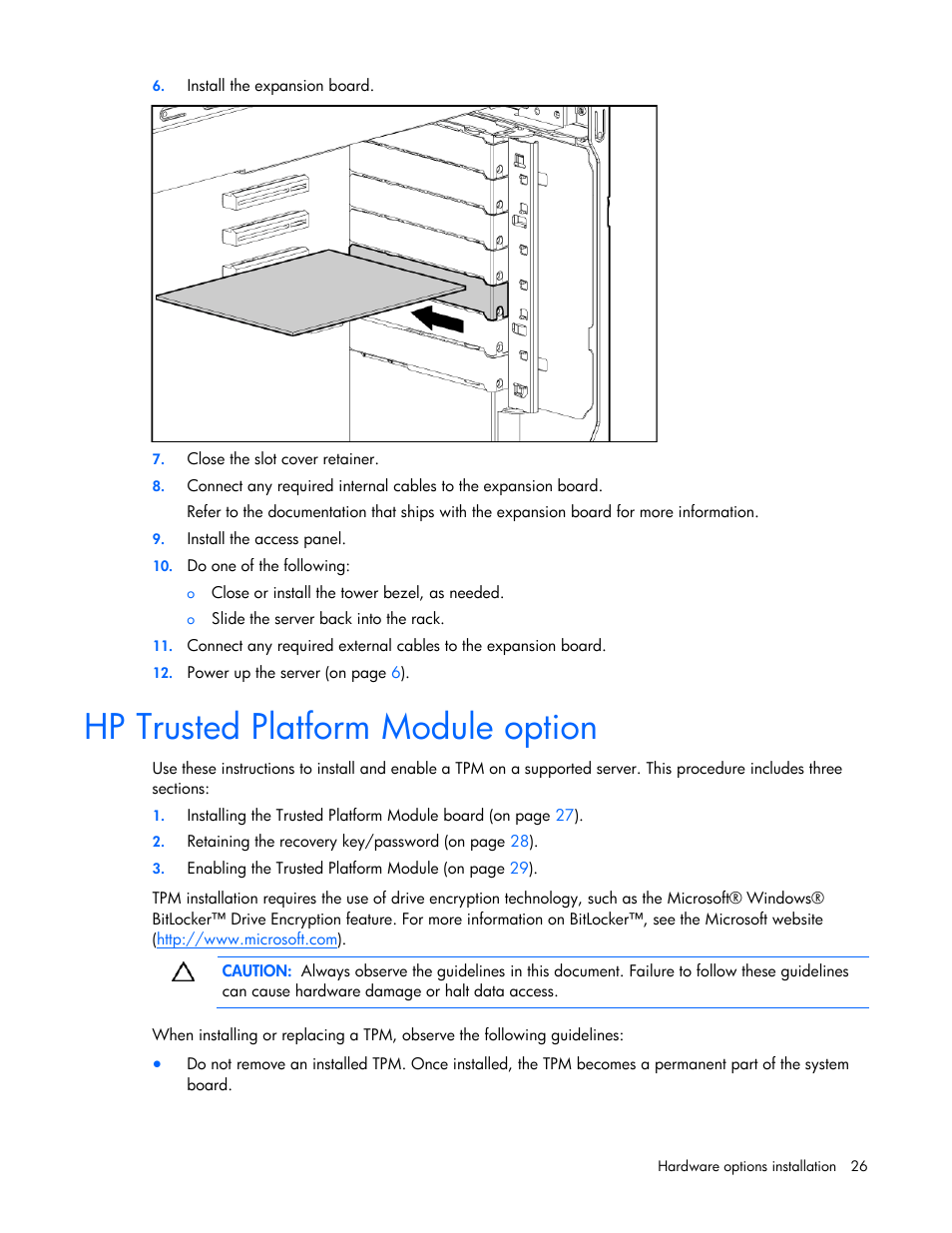 Hp trusted platform module option, Installing the trusted platform module board, Hp t s | Ru ted platform module option | HP ProLiant Series ML100 User Manual | Page 26 / 103