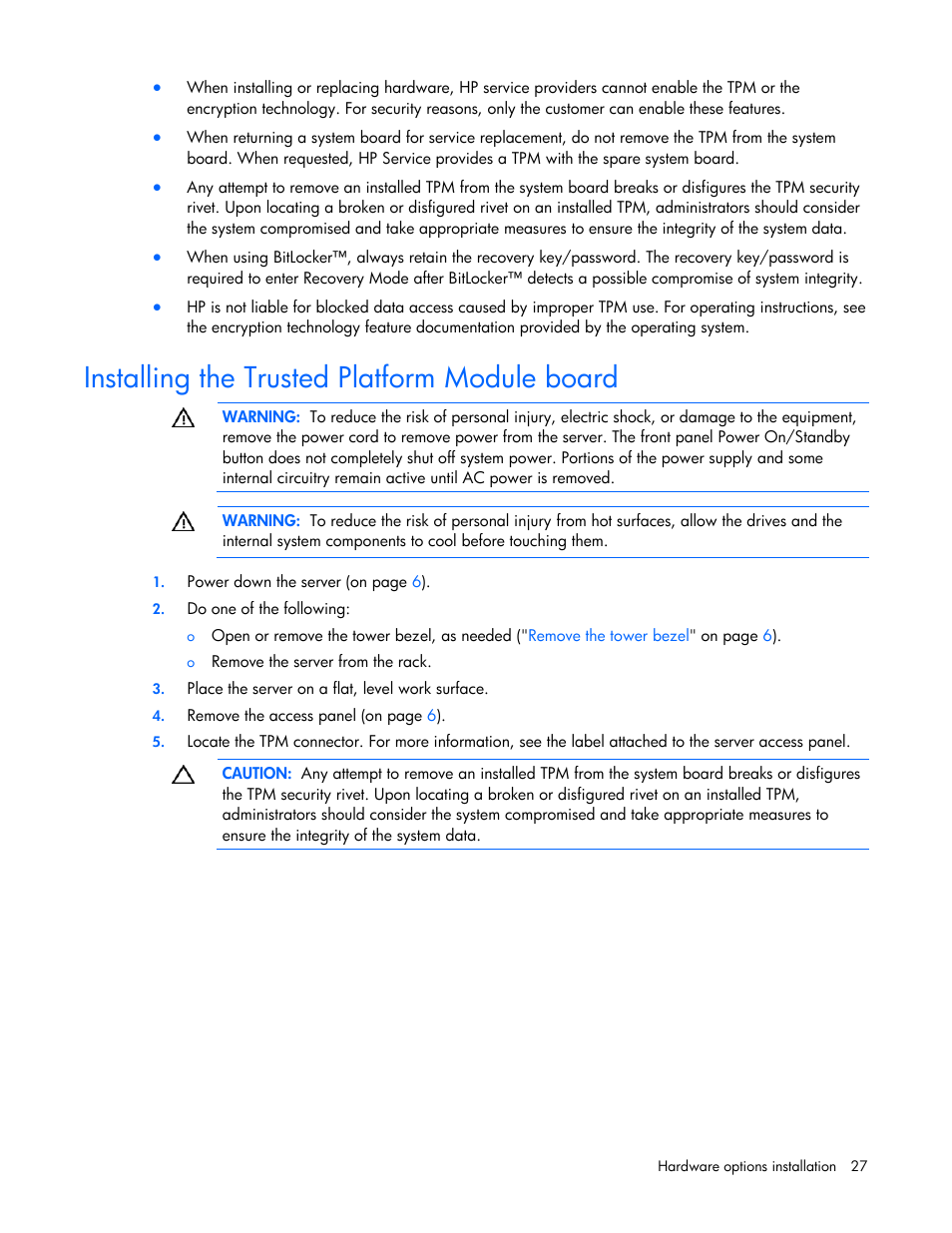 Installing the trusted platform module board, Retaining the recovery key/password | HP ProLiant Series ML100 User Manual | Page 27 / 103