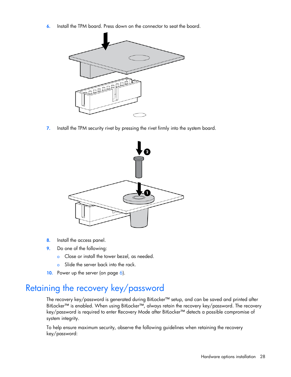 Retaining the recovery key/password, Enabling the trusted platform module | HP ProLiant Series ML100 User Manual | Page 28 / 103