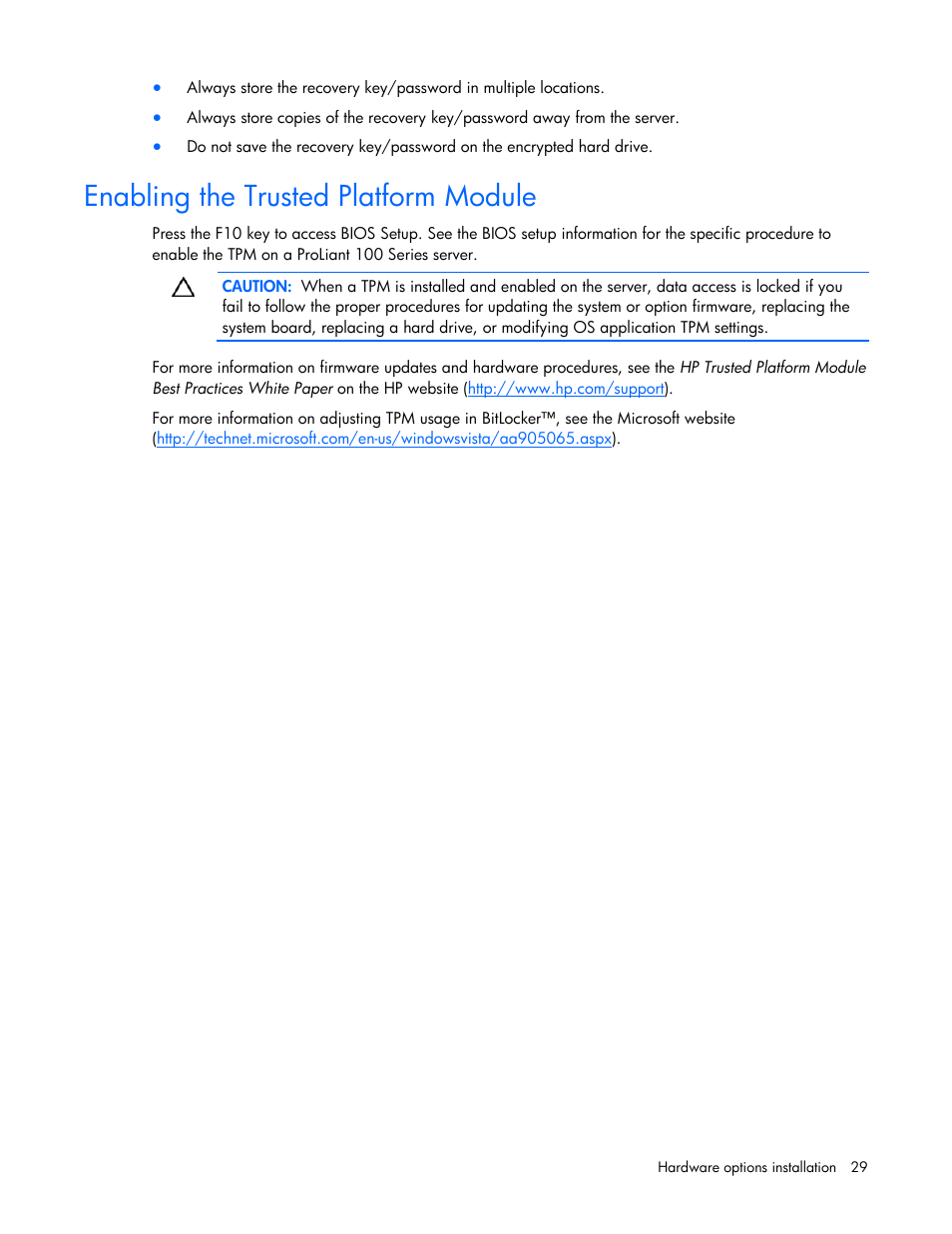 Enabling the trusted platform module, Software and configuration utilities, Rom-based setup utility | Using rbsu, Auto-configuration process | HP ProLiant Series ML100 User Manual | Page 29 / 103