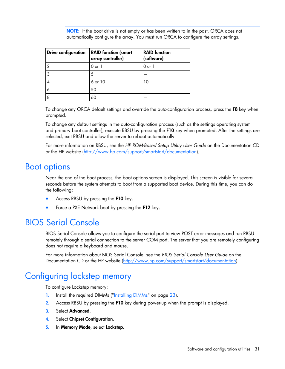 Boot options, Bios serial console, Configuring lockstep memory | Array configuration utility, Option rom configuration for arrays, Hp insight diagnostics, Boot, Bios e, Options, S rial console | HP ProLiant Series ML100 User Manual | Page 31 / 103