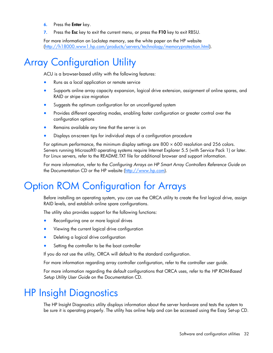 Array configuration utility, Option rom configuration for arrays, Hp insight diagnostics | Management tools, Rompaq utility, Lights-out 100i technology, Arra, Y configuration utility, Opti, Hp in | HP ProLiant Series ML100 User Manual | Page 32 / 103