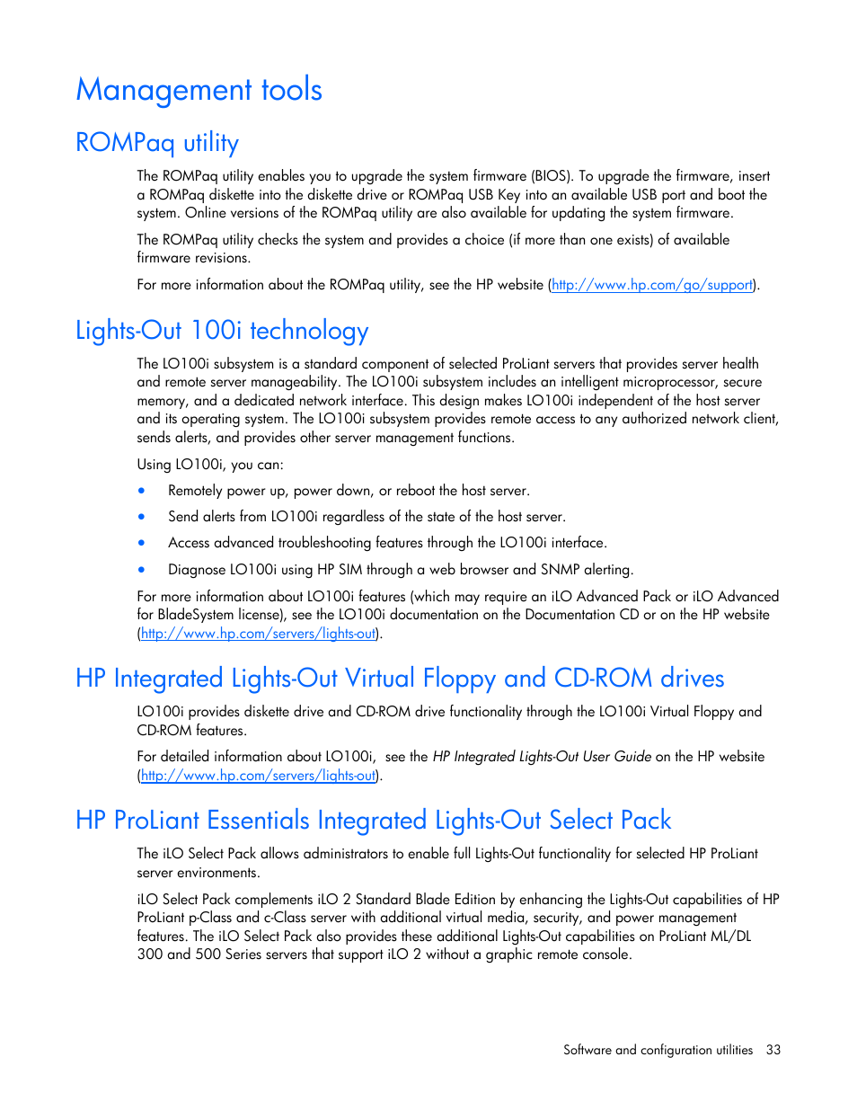 Management tools, Rompaq utility, Lights-out 100i technology | Usb support, Remote support and analysis tools, Hp insight remote support software, Agement tools, Paq utility, Lights, Out 100i technology | HP ProLiant Series ML100 User Manual | Page 33 / 103