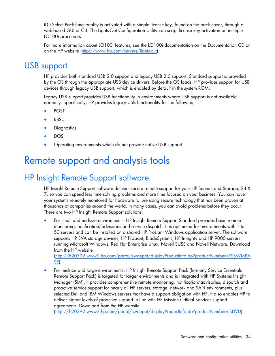 Usb support, Remote support and analysis tools, Hp insight remote support software | Keeping the system current, Drivers, Operating system version support, Subscriber's choice, Embedded sata raid feature, Configuring the sata raid feature, Enabling the sata raid feature in rbsu | HP ProLiant Series ML100 User Manual | Page 34 / 103