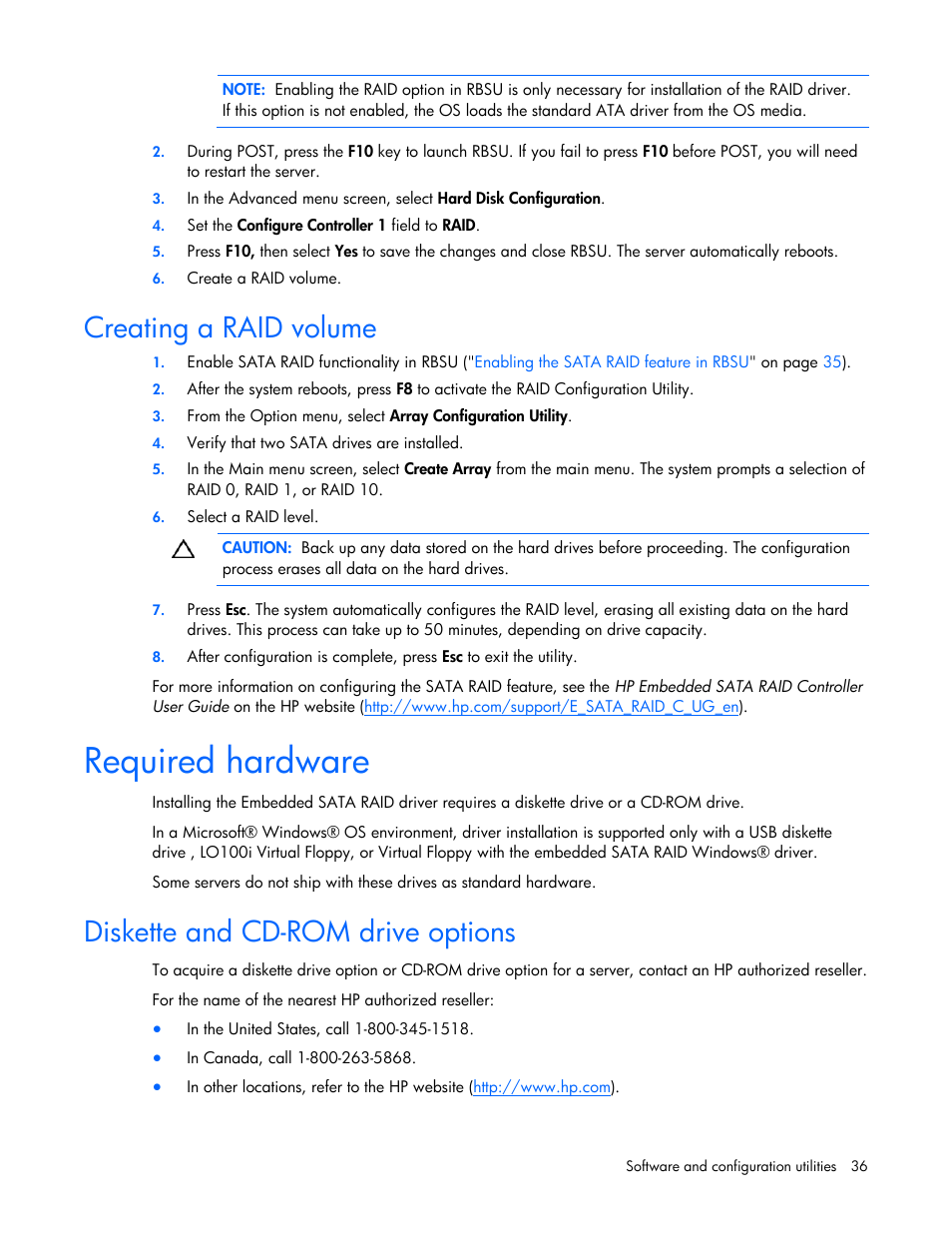 Creating a raid volume, Required hardware, Diskette and cd-rom drive options | Creating a diskette image, Creat, Ing a raid volume, Diske, Tte and cd-rom drive options | HP ProLiant Series ML100 User Manual | Page 36 / 103