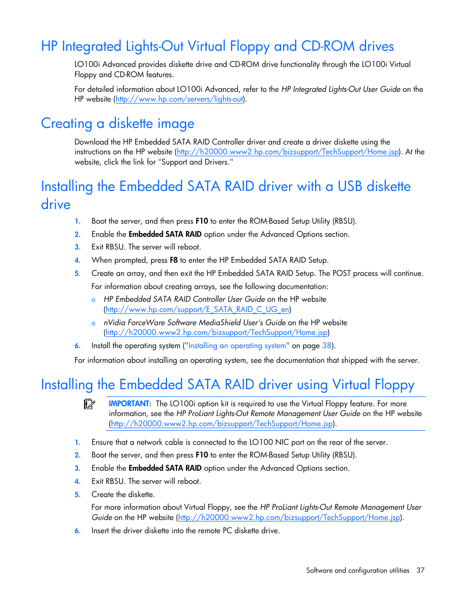 Creating a diskette image, Usb diskette and cd-rom drives, Installing an operating system | Installing a supported microsoft® windows® os, G_en, Http://www.hp.com/support/e_sata_raid_c_u | HP ProLiant Series ML100 User Manual | Page 37 / 103