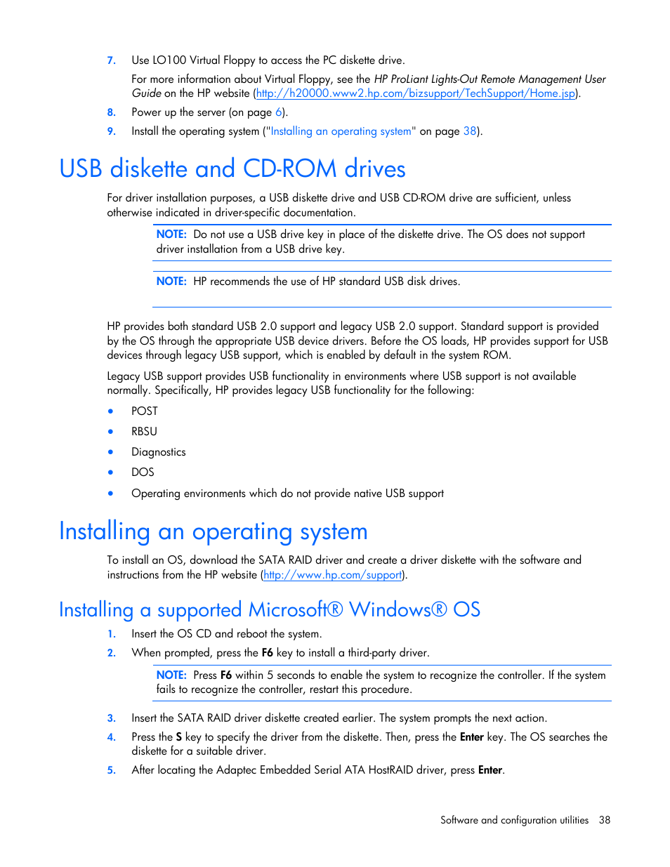 Usb diskette and cd-rom drives, Installing an operating system, Installing a supported microsoft® windows® os | Installing a supported linux or netware os | HP ProLiant Series ML100 User Manual | Page 38 / 103